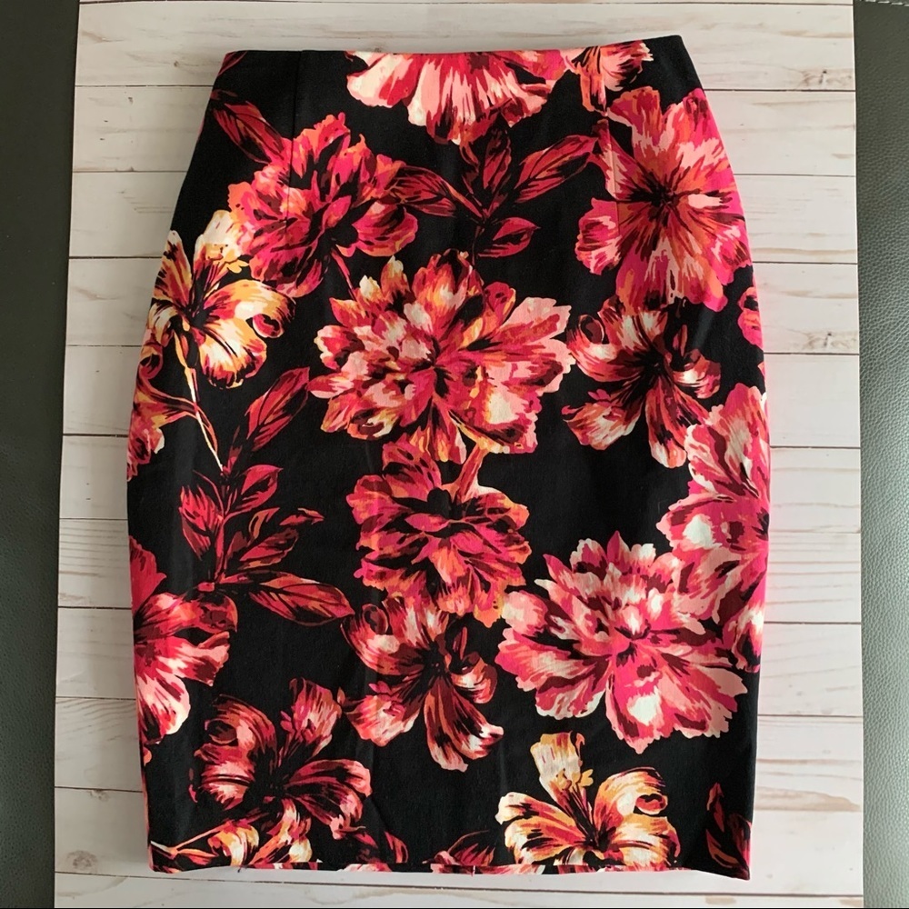 NWOT WHBM Black Skirt with Pink Orange Floral Pattern